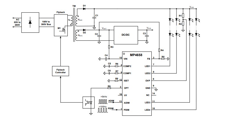 Application Circuit Diagram - Monolithic Power Systems (MPS) MP4658 4-String Return LED Drivers